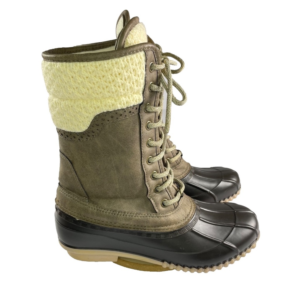 Magellan Duck Rain Boots Womens 8 Brown Waterproof Tall Lined Lace Up Sweater